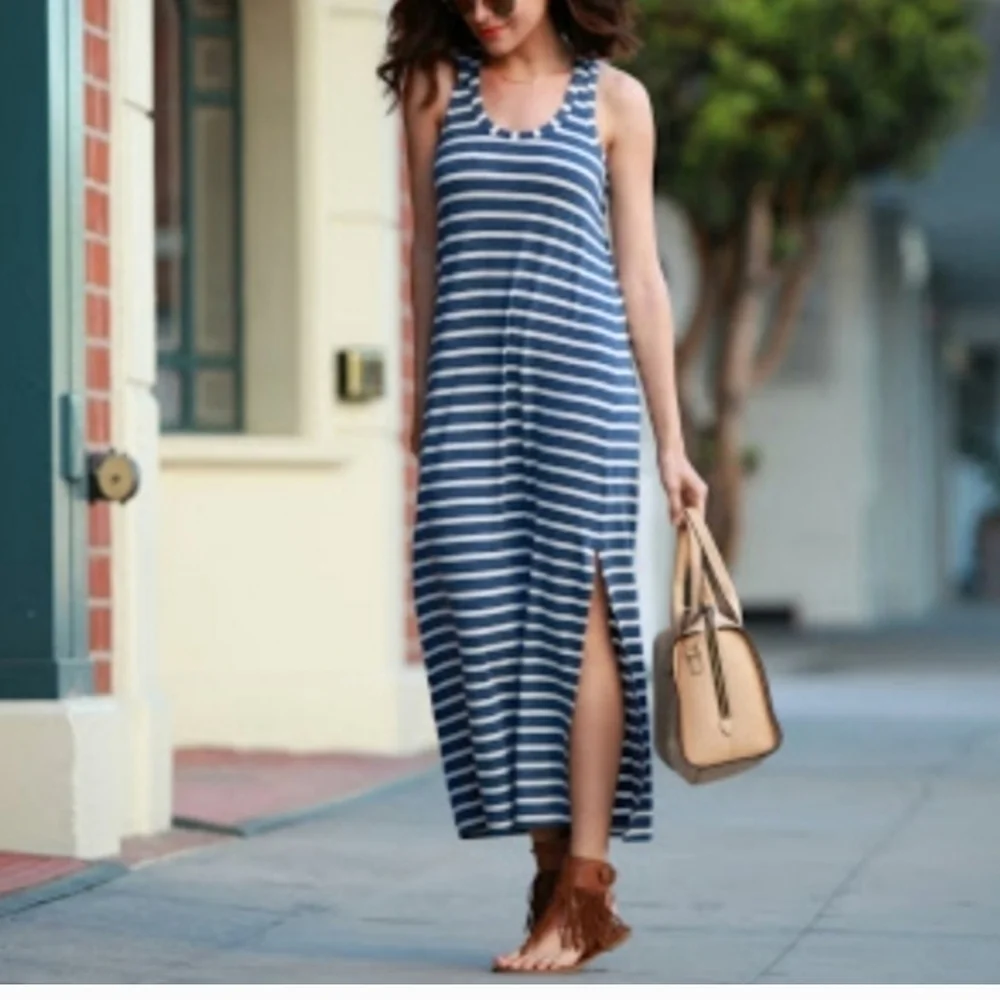 Jcrew women maxi dress stripped bleue casual pull S soft stretchy y2k Vacation